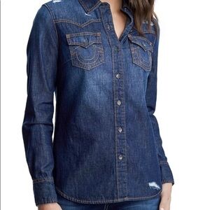 True Religion Women’s Georgia Western Distressed Denim Button Up Shirt Blue NEW